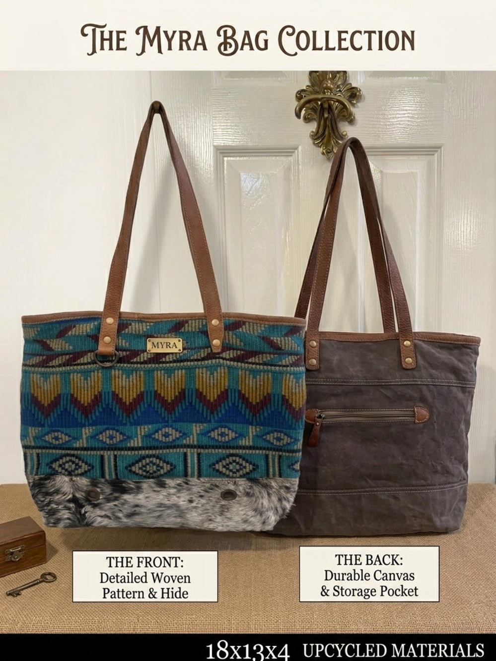 Myra Bag Rustic Aztec Teal & Brown Woven Tote Leather Straps 16”Wx13”Lx3”D